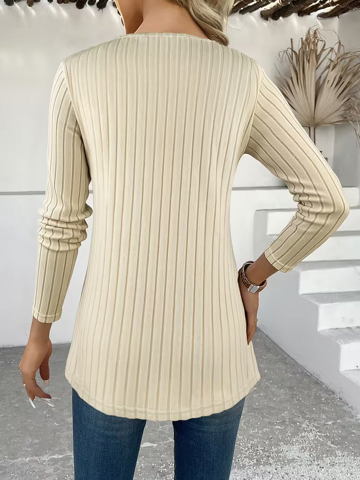 Lucynda - Ribbed Long Sleeve Printed Button Detail Top