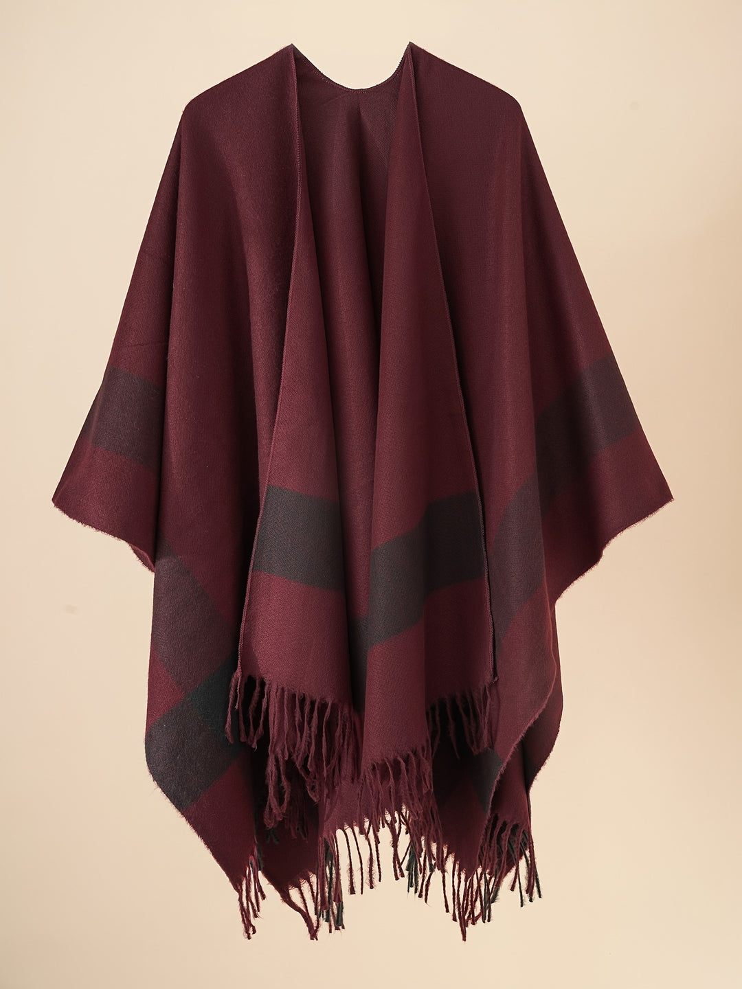 Kyrine - Geometric Pattern Fringed Poncho Shawl Wrap