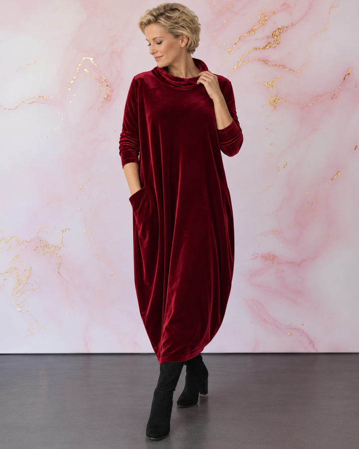 Lellina - Velvet High Neck Loose Fit Maxi Dress