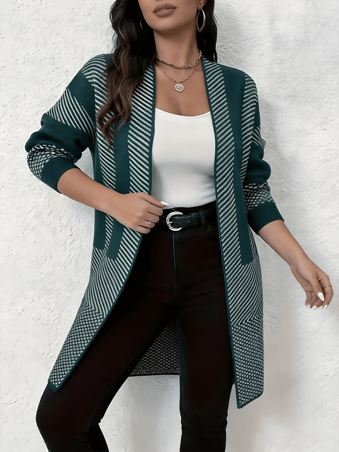 Zhamilya - Longline Geometric Knit Open Front Cardigan