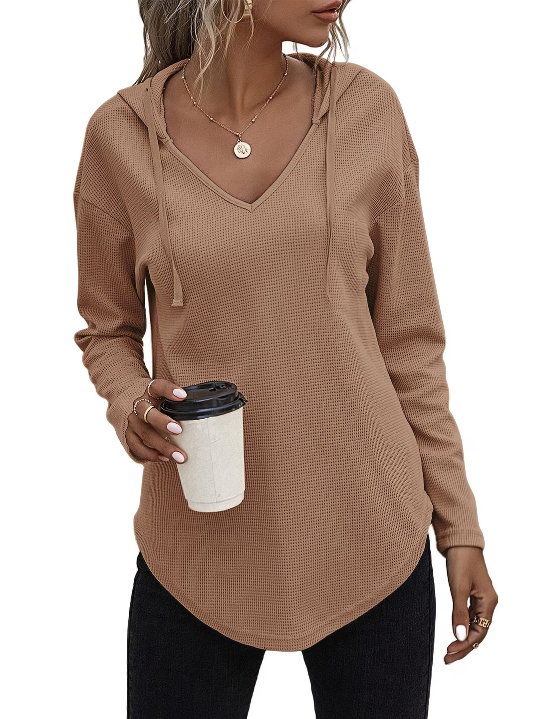 Seonie - Long Sleeve V Neck Hoodie
