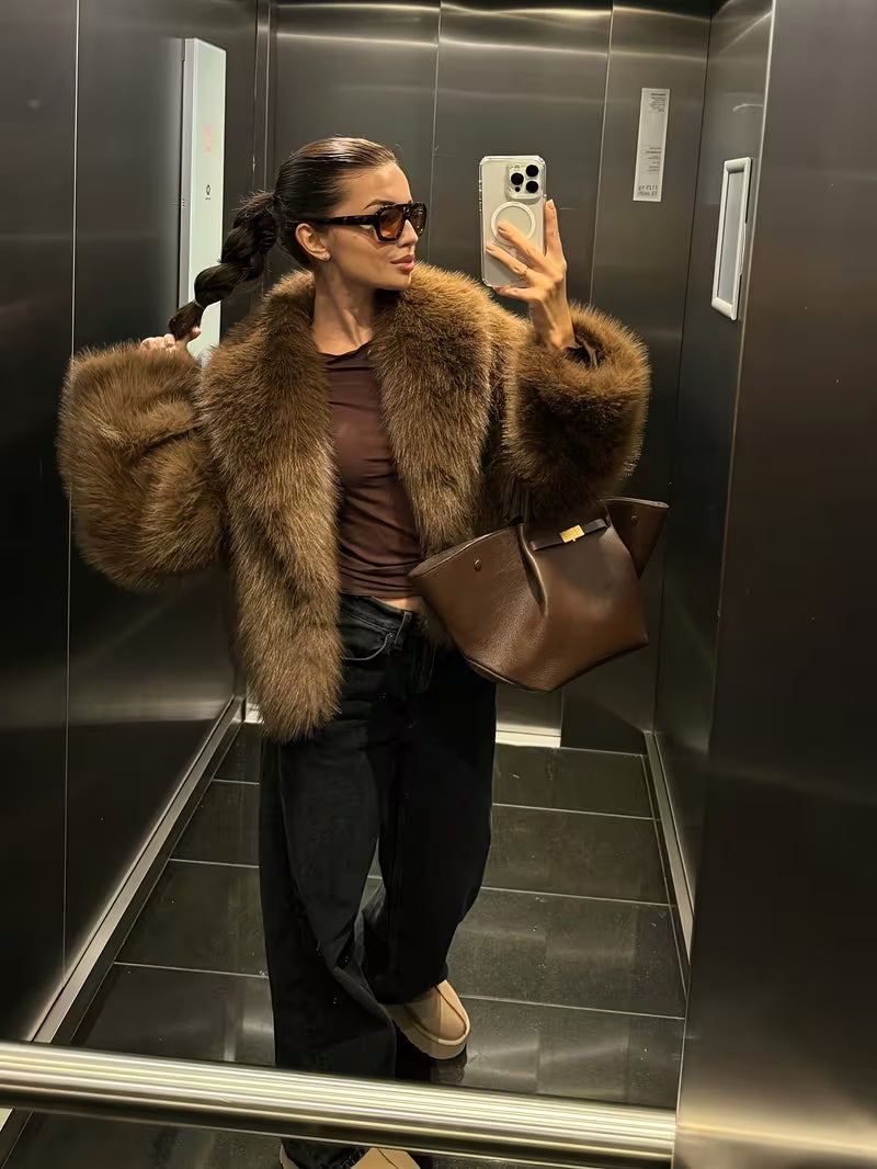 Jorida - Faux Fur Oversized Cropped Lapel Jacket