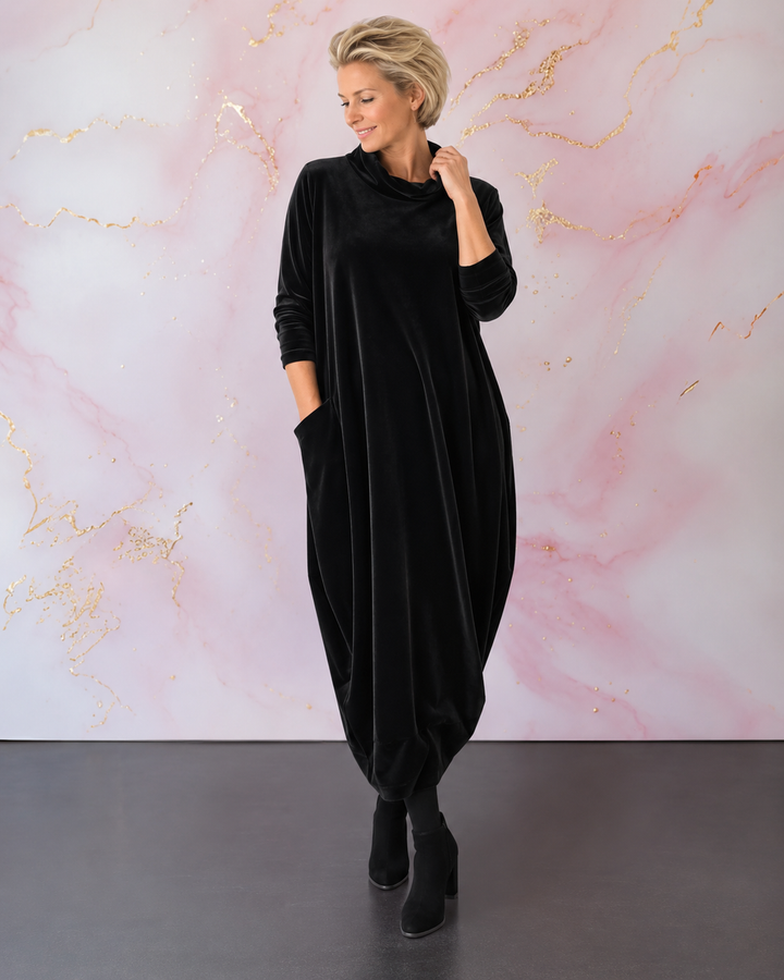 Lellina - Velvet High Neck Loose Fit Maxi Dress