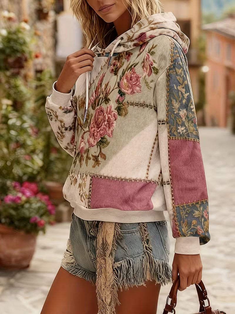 Norella - Floral Patchwork Long Sleeve Hooded Top