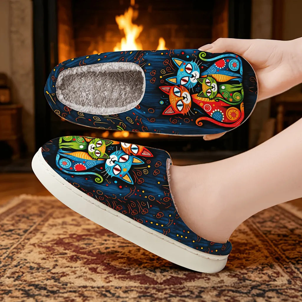Quincy - Cat Print Plush-Lined Slippers