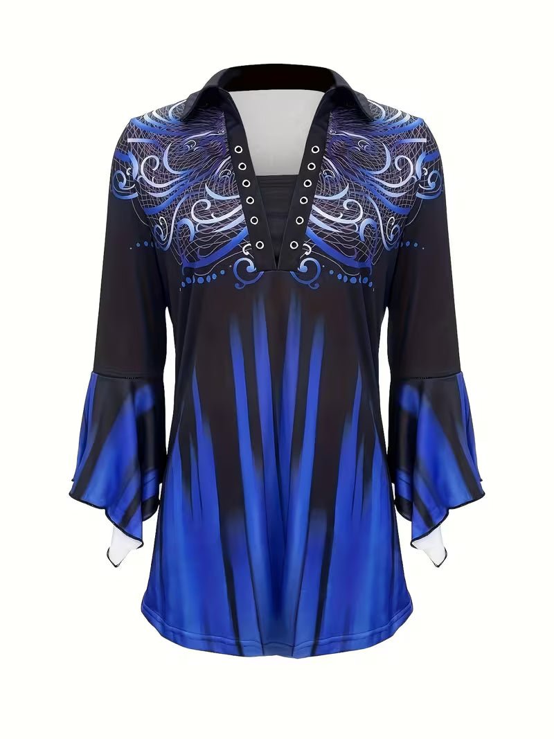 Finza - Printed Lapel Top With Irregular Sleeve