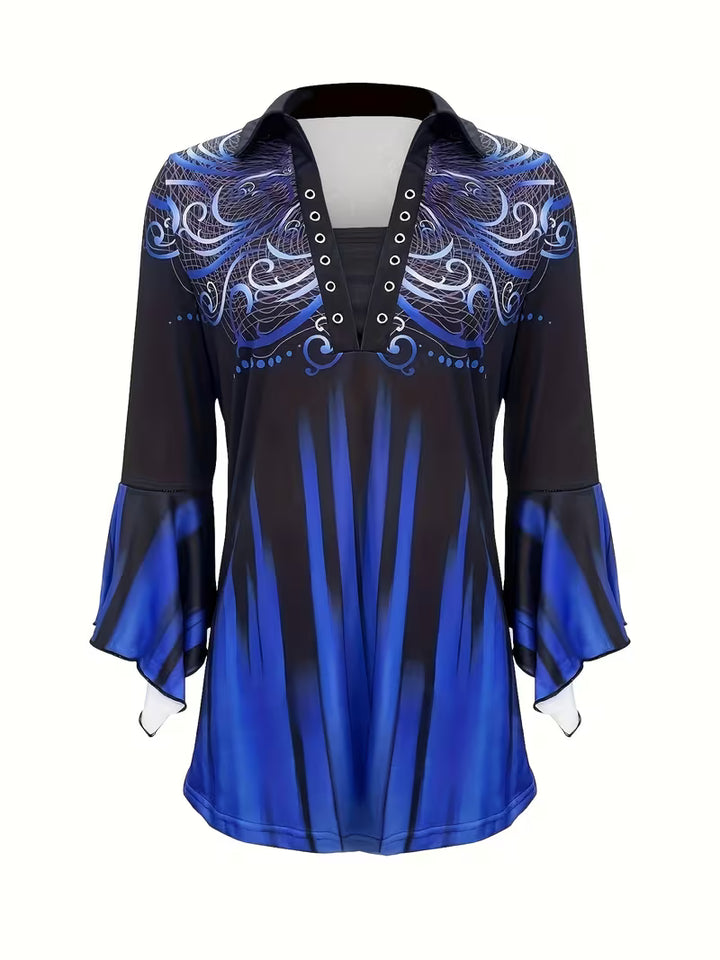 Finza - Printed Lapel Top With Irregular Sleeve