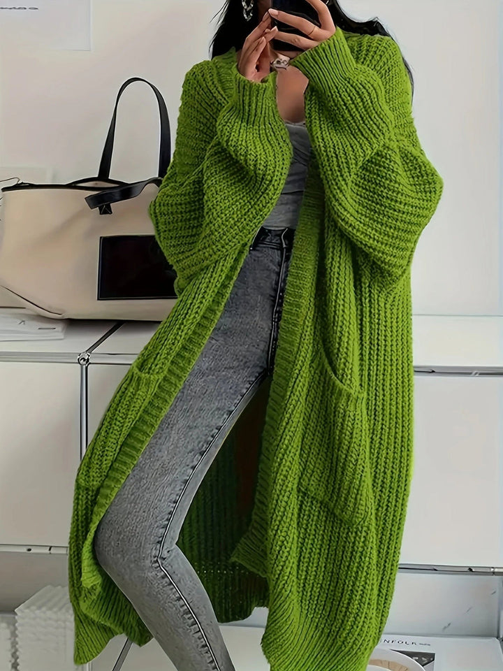 Ludivine - Cozy Open Front Long Knit Cardigan With Pocket