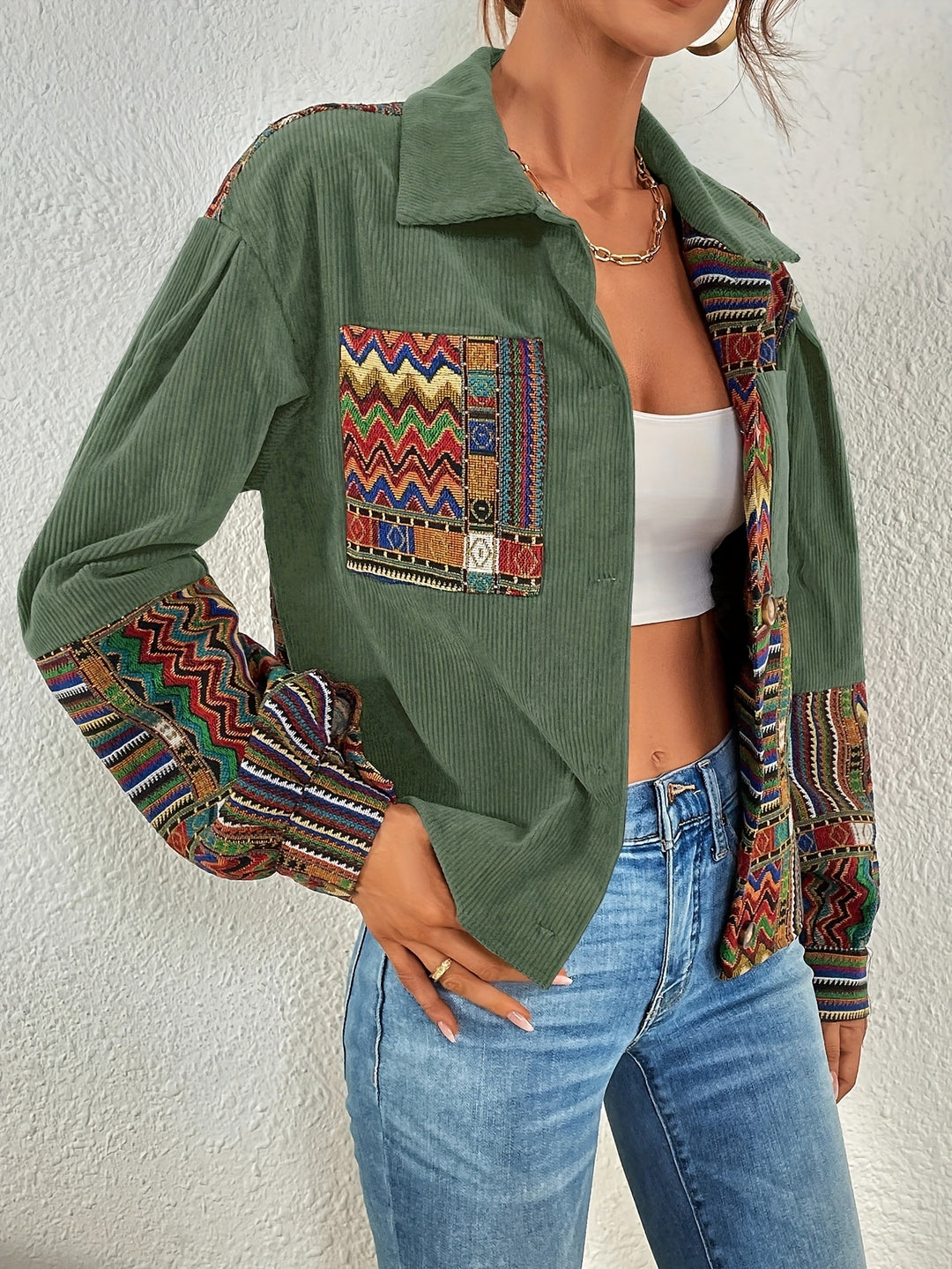 Amelina - Boho Patchwork Corduroy Button-Up Jacket