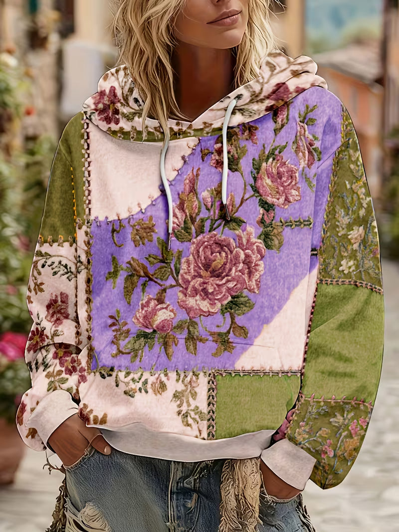 Norella - Floral Patchwork Long Sleeve Hooded Top