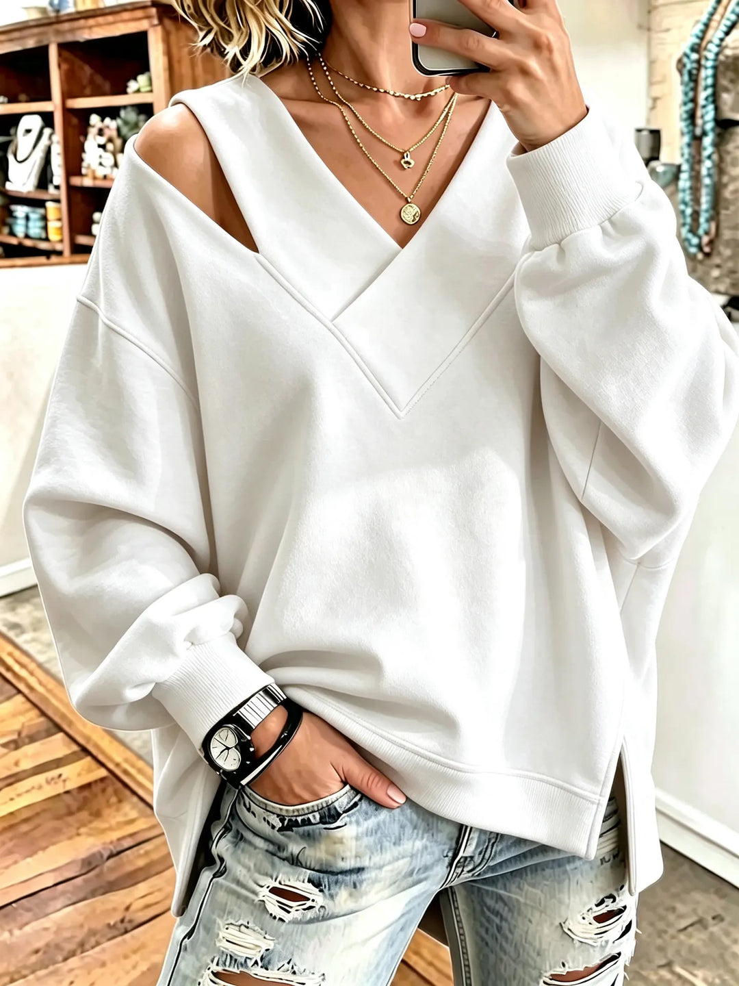 Kirstan - Chic Cutout V-Neck Oversized Sweatshirt