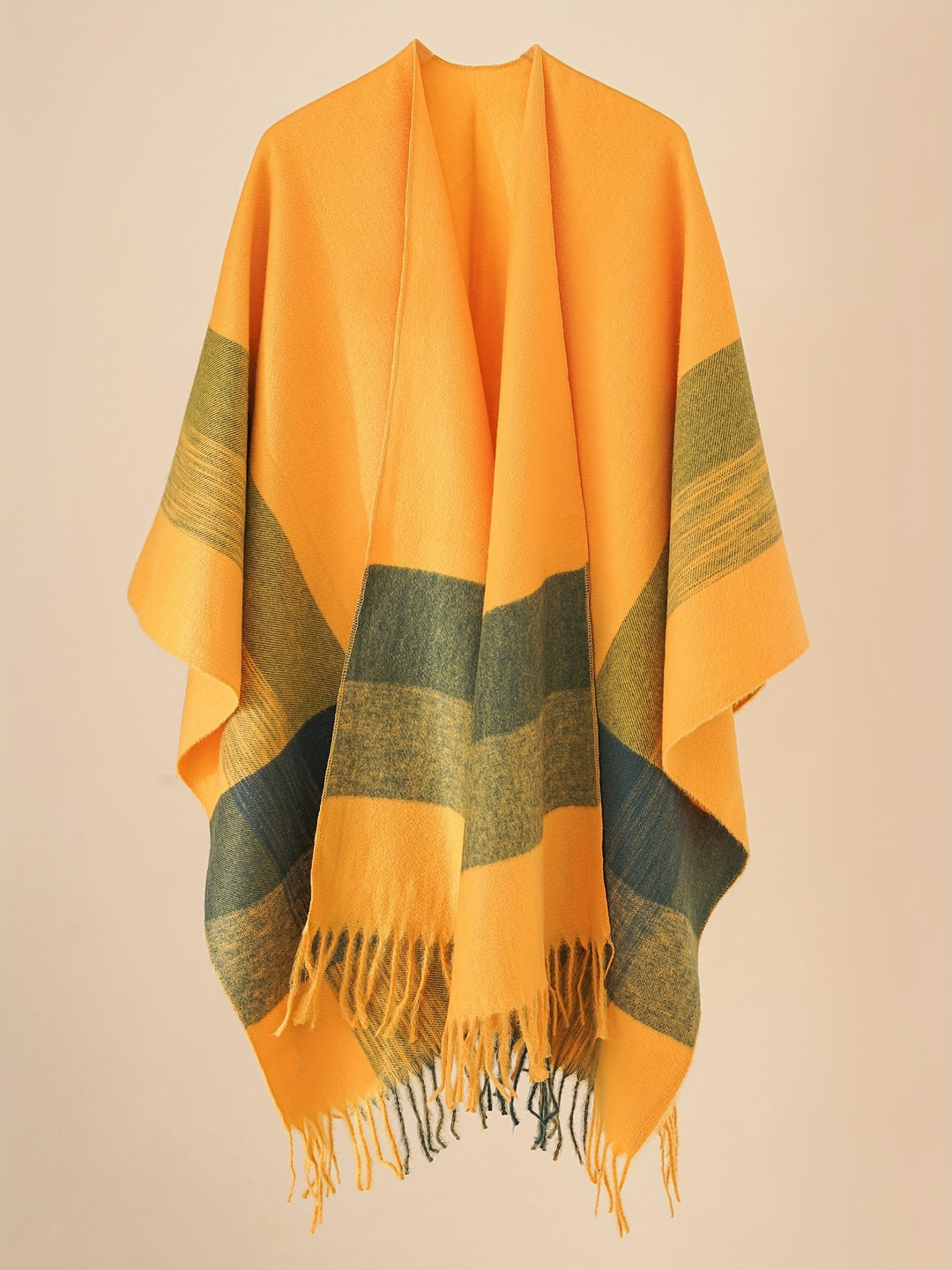 Kyrine - Geometric Pattern Fringed Poncho Shawl Wrap