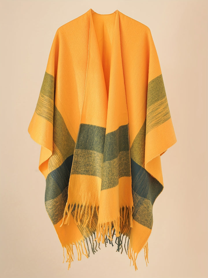 Kyrine - Geometric Pattern Fringed Poncho Shawl Wrap