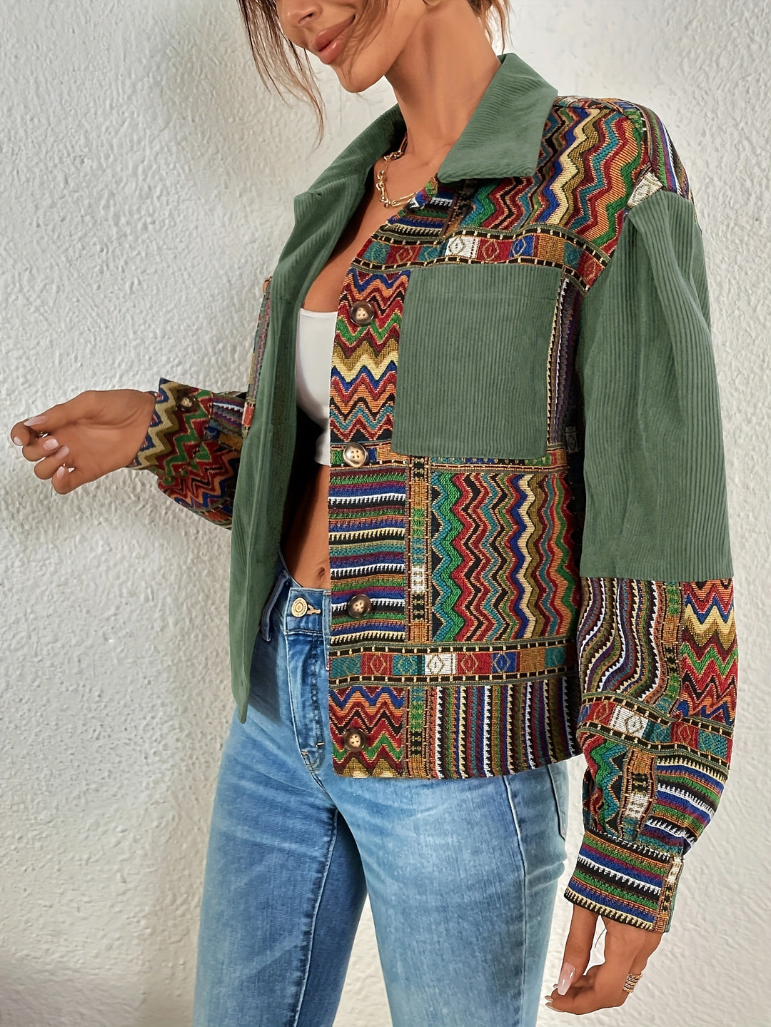 Amelina - Boho Patchwork Corduroy Button-Up Jacket