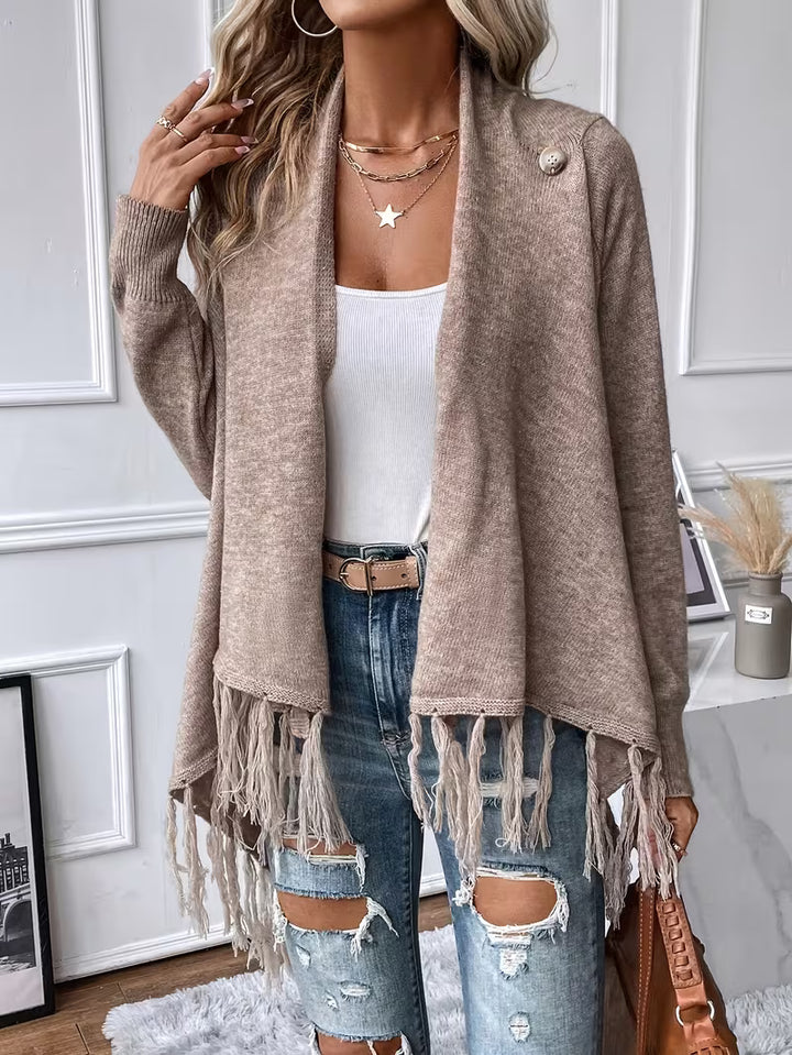 Busra - Draped Neck Cardigan With Fringed Trim