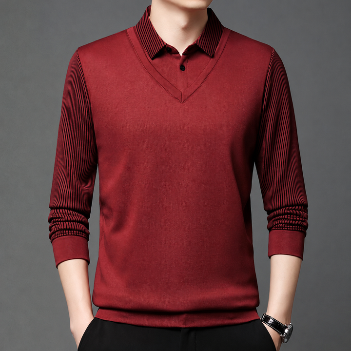 Pedroo - Striped Sleeve Sweater With Buttoned Shirt Collar