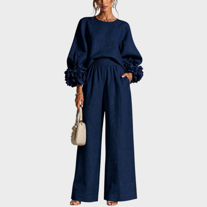 Mersada - Floral Cuff Long Sleeve Wide-Leg Pants Set