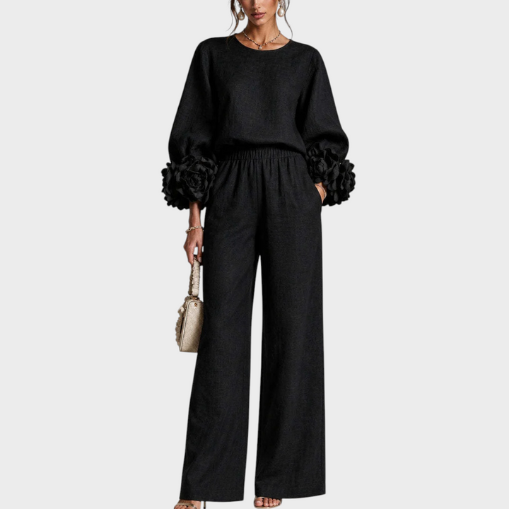 Mersada - Floral Cuff Long Sleeve Wide-Leg Pants Set