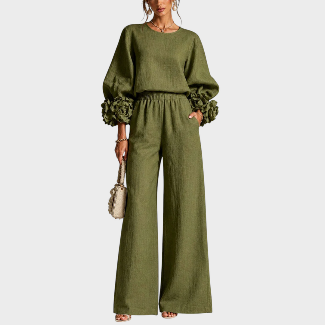 Mersada - Floral Cuff Long Sleeve Wide-Leg Pants Set