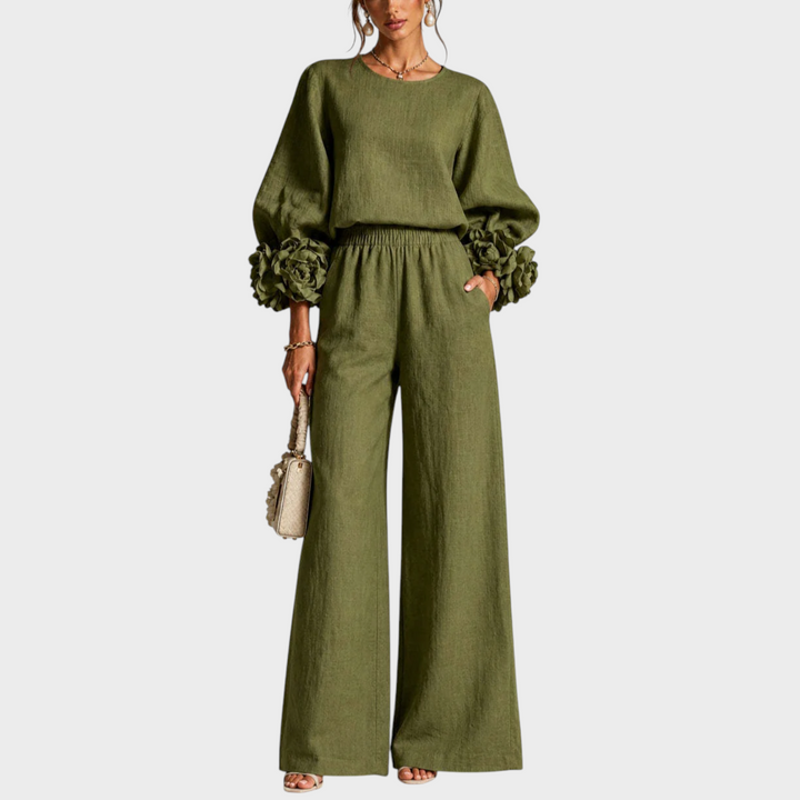 Mersada - Floral Cuff Long Sleeve Wide-Leg Pants Set