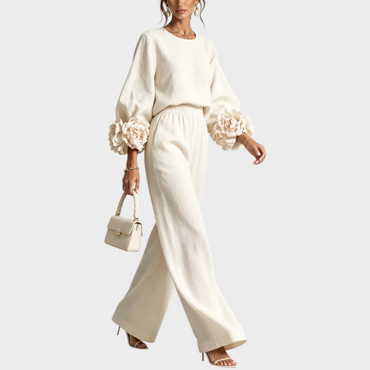 Mersada - Floral Cuff Long Sleeve Wide-Leg Pants Set