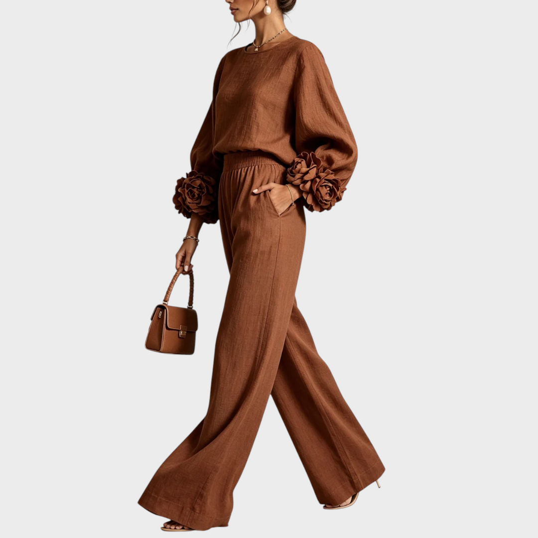Mersada - Floral Cuff Long Sleeve Wide-Leg Pants Set