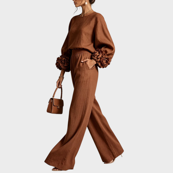 Mersada - Floral Cuff Long Sleeve Wide-Leg Pants Set