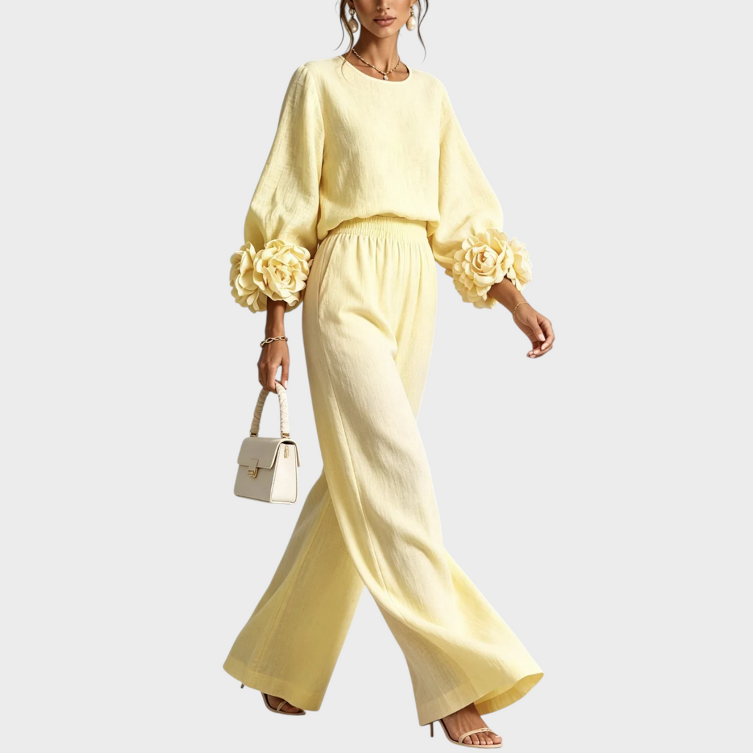 Mersada - Floral Cuff Long Sleeve Wide-Leg Pants Set