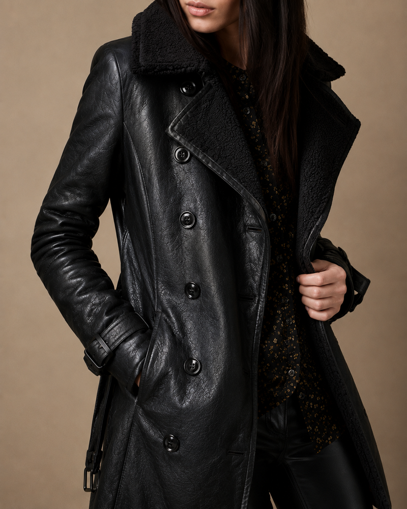 Seneti - Faux Leather Jacket With Fur Collar