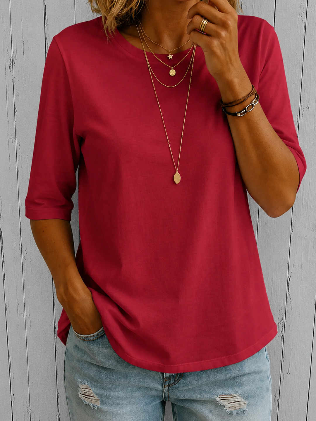 Arisa - Crew Neck Three Quarter Sleeve T-Shirt