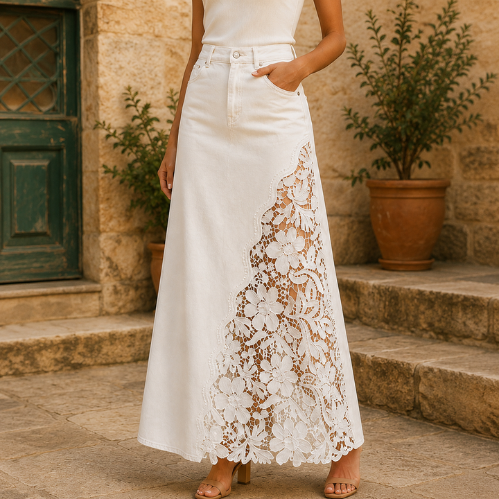 Khaingan - Lace Denim Maxi Skirt