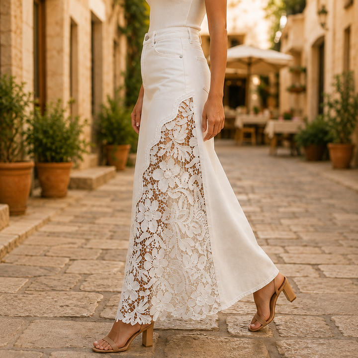 Khaingan - Lace Denim Maxi Skirt