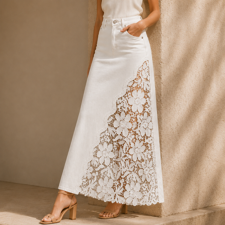 Khaingan - Lace Denim Maxi Skirt