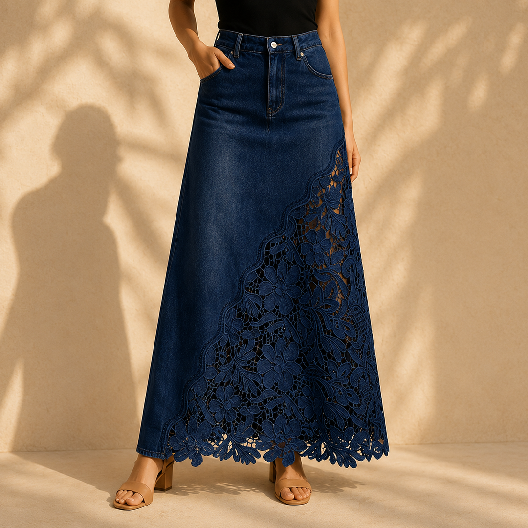 Khaingan - Lace Denim Maxi Skirt