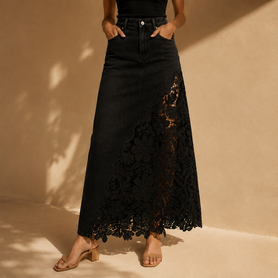 Khaingan - Lace Denim Maxi Skirt
