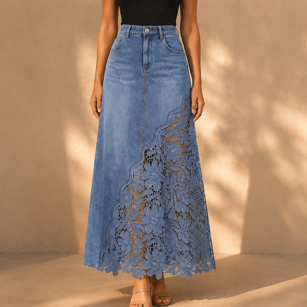 Khaingan - Lace Denim Maxi Skirt