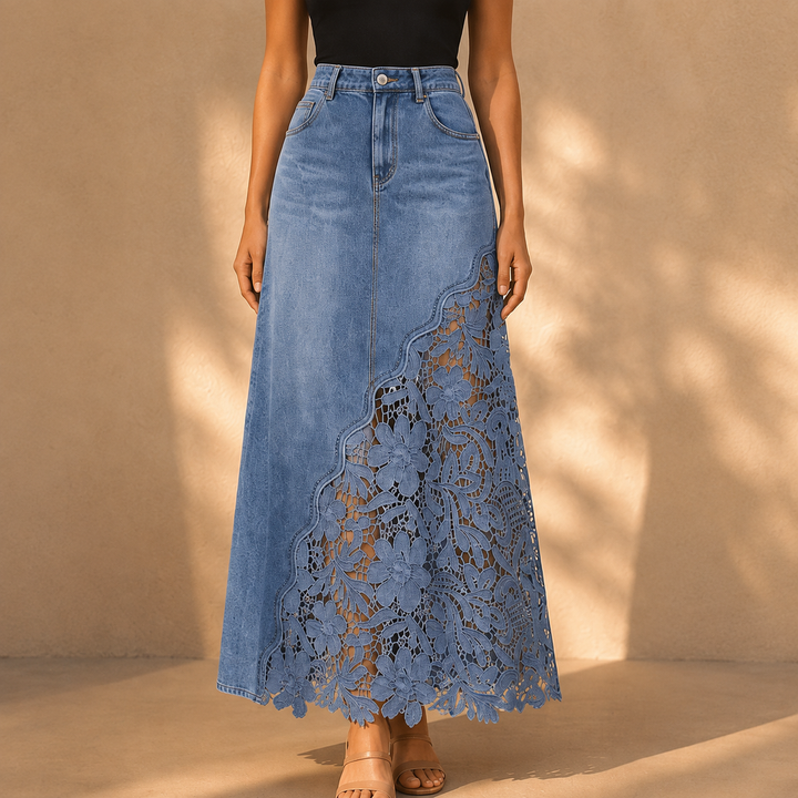Khaingan - Lace Denim Maxi Skirt