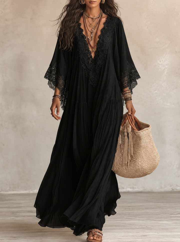 Ainura - Long Ivory Chiffon and Lace Dress