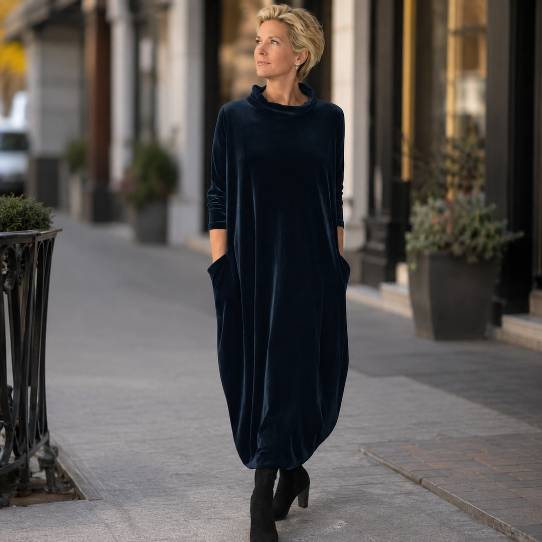 Lellina - Velvet High Neck Loose Fit Maxi Dress