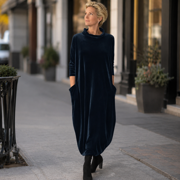 Lellina - Velvet High Neck Loose Fit Maxi Dress