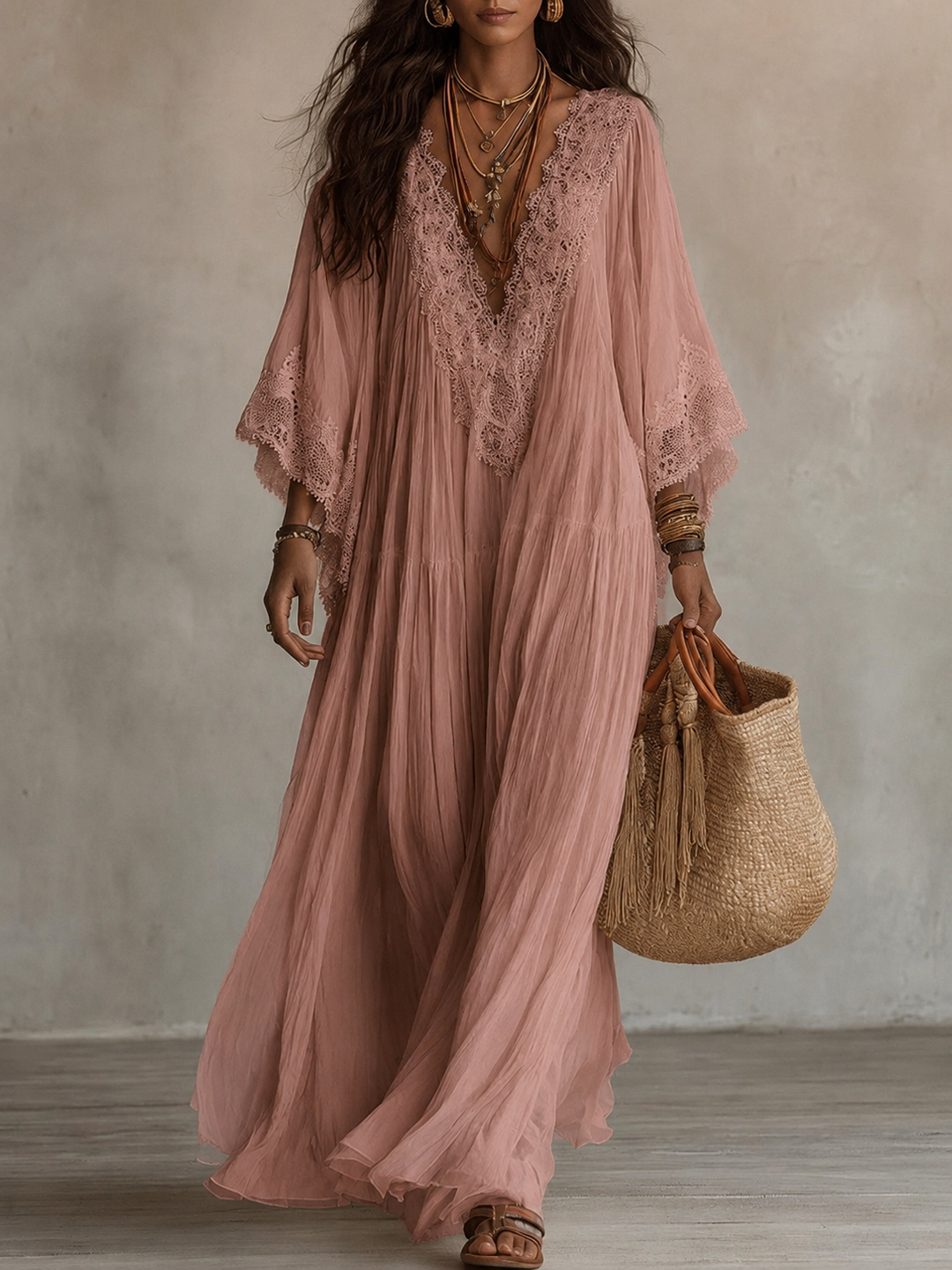 Ainura - Long Ivory Chiffon and Lace Dress