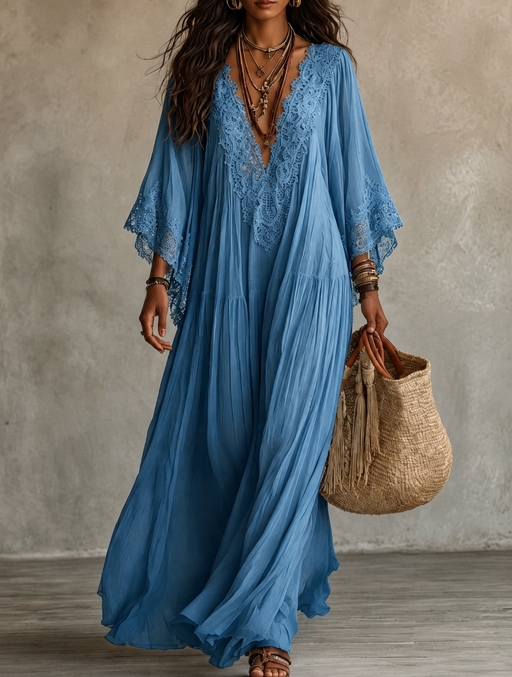 Ainura - Long Ivory Chiffon and Lace Dress