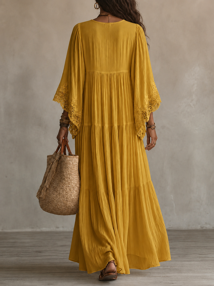 Ainura - Long Ivory Chiffon and Lace Dress