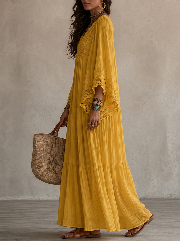 Ainura - Long Ivory Chiffon and Lace Dress