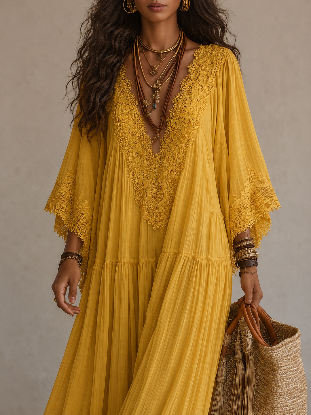 Ainura - Long Ivory Chiffon and Lace Dress