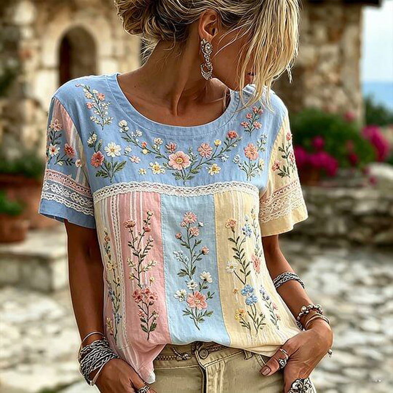 Solenna - Floral Embroidered Patchwork Short Sleeve Top