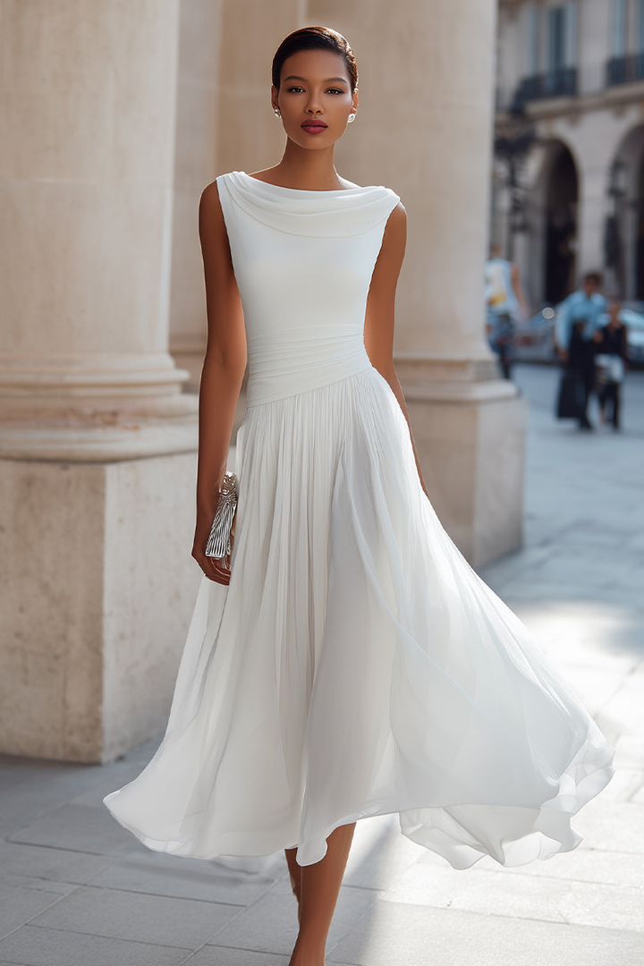Zephira - Sleeveless Draped Neck Pleated Midi Dress