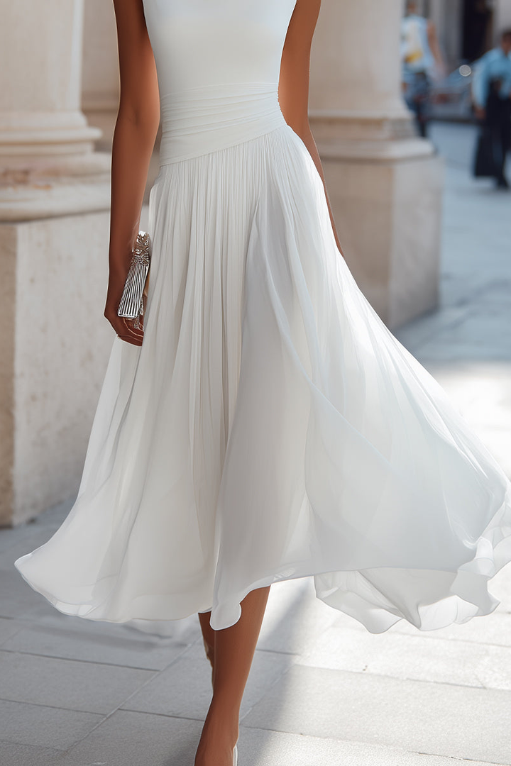 Zephira - Sleeveless Draped Neck Pleated Midi Dress