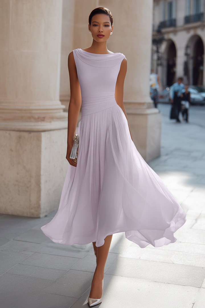 Zephira - Sleeveless Draped Neck Pleated Midi Dress