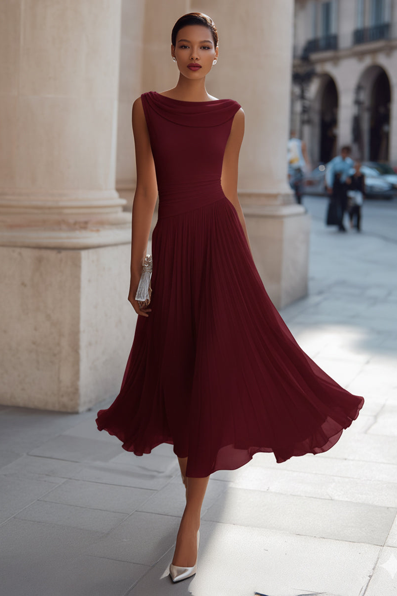 Zephira - Sleeveless Draped Neck Pleated Midi Dress